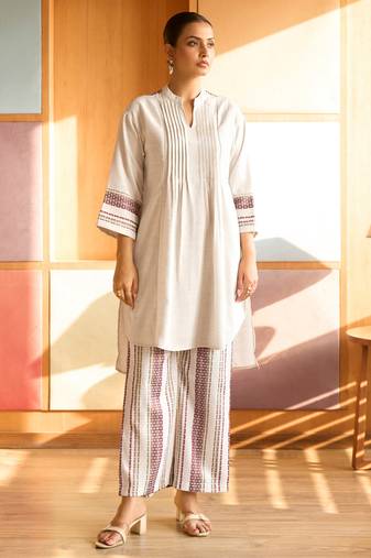 Cream weave striped cotton coord set