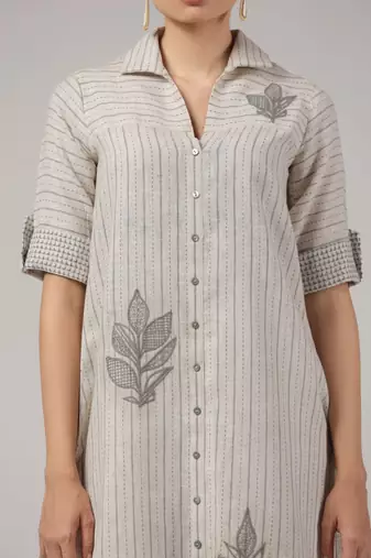 Sand leaf striped embroidered cotton kurta set