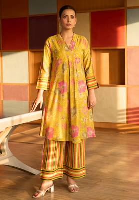 Yellow floral printed cotton coord set 1