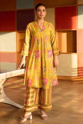 Yellow floral printed cotton coord set