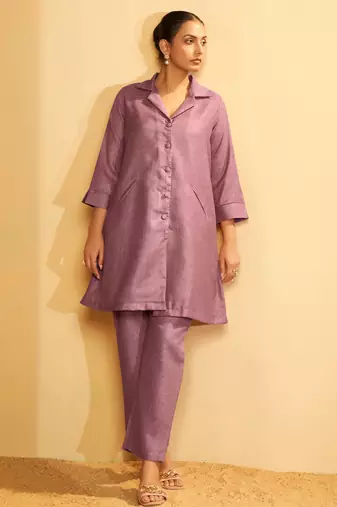 Mauve button-down flared kurta set