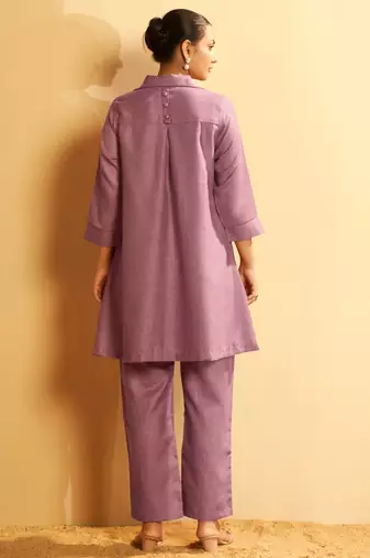 Mauve button-down flared kurta set
