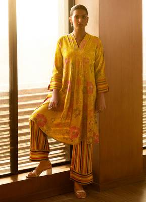 Yellow floral printed cotton coord set 3