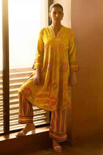 Yellow floral printed cotton coord set