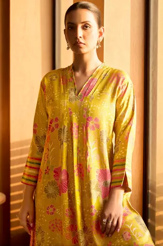 Yellow floral printed cotton coord set