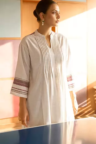 Cream weave striped cotton coord set
