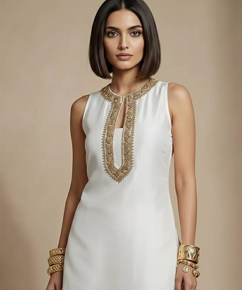 White embroidered raw silk co ord set