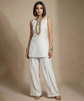 White embroidered raw silk co ord set 1