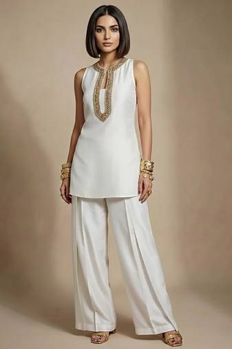 White embroidered raw silk co ord set