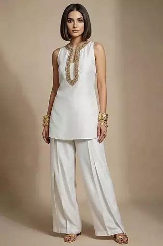 White embroidered raw silk co ord set