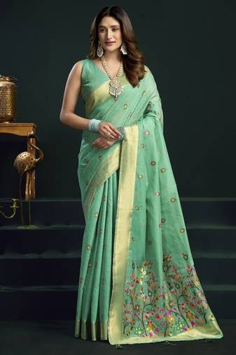 Turquoise munga cotton mina work sarees