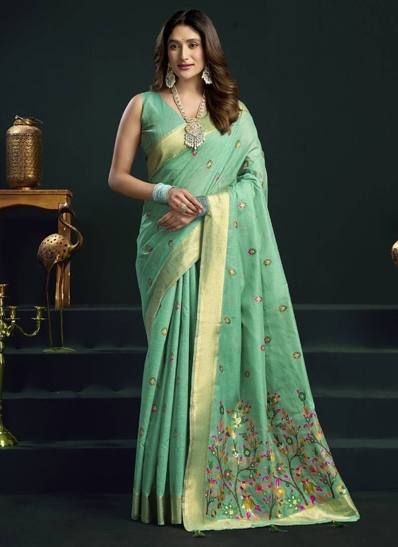 Turquoise munga cotton mina work sarees