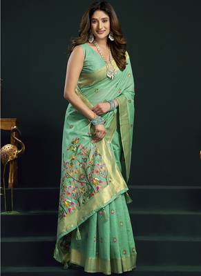 Turquoise munga cotton mina work sarees 2