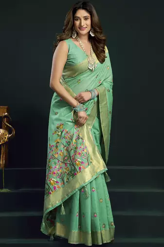 Turquoise munga cotton mina work sarees