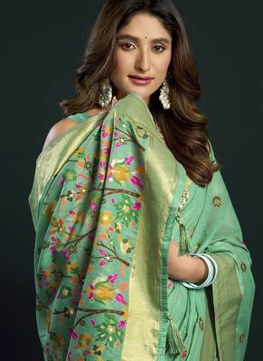 Turquoise munga cotton mina work sarees 3