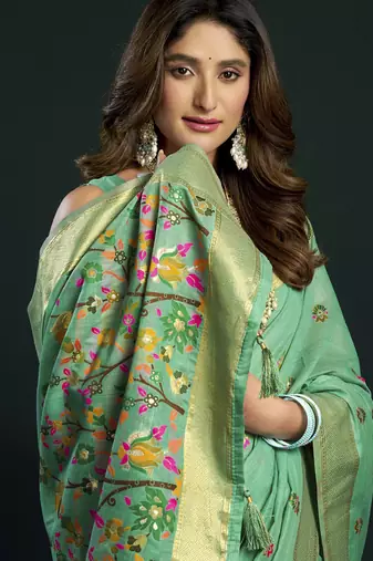 Turquoise munga cotton mina work sarees