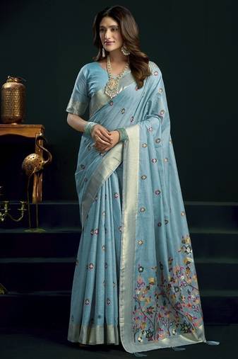 Sky blue munga cotton mina work sarees