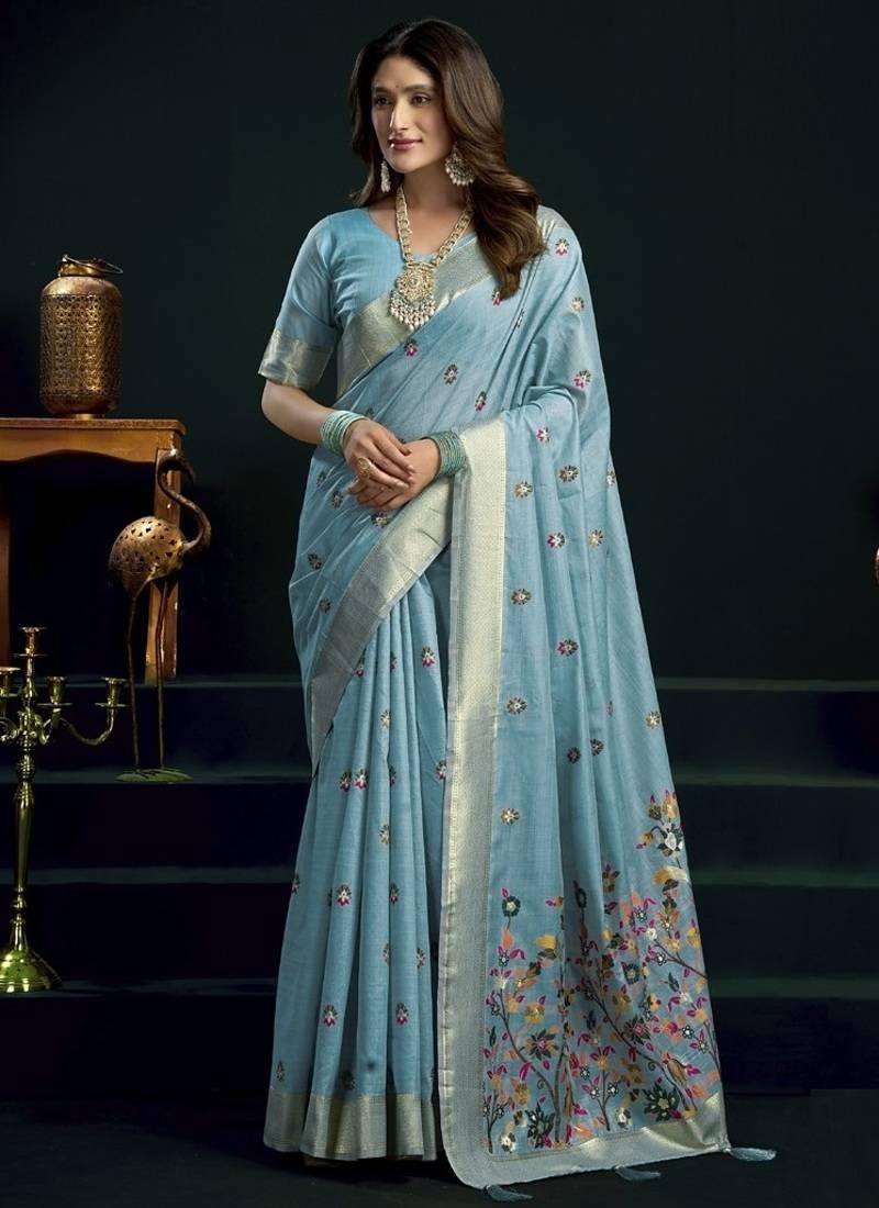 Sky blue munga cotton mina work sarees