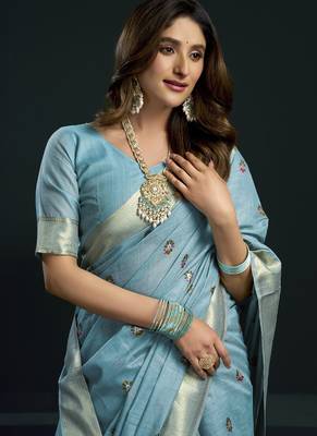 Sky blue munga cotton mina work sarees 2