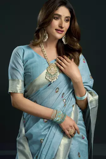 Sky blue munga cotton mina work sarees