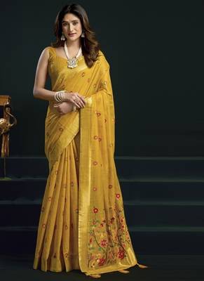 Yellow munga cotton mina work sarees 1