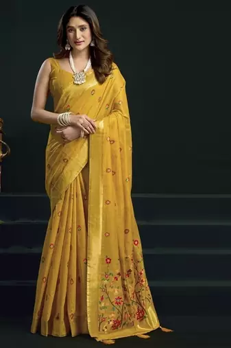 Yellow munga cotton mina work sarees