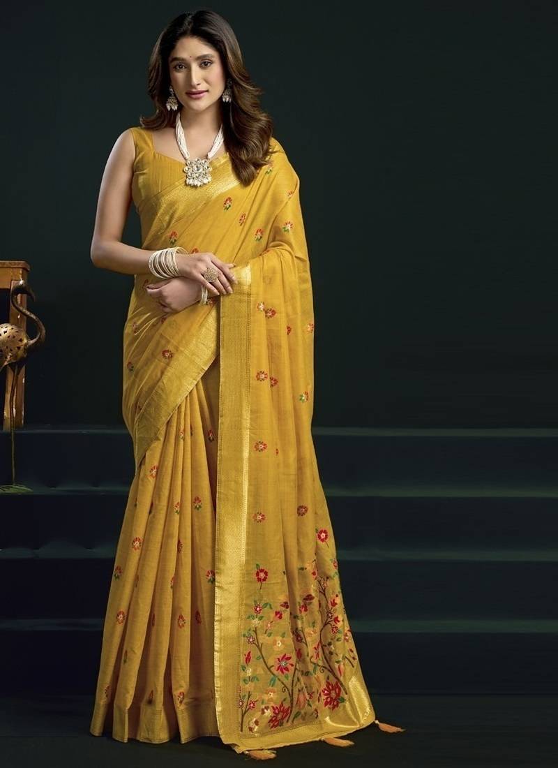 Yellow munga cotton mina work sarees