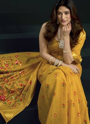 Yellow munga cotton mina work sarees 2