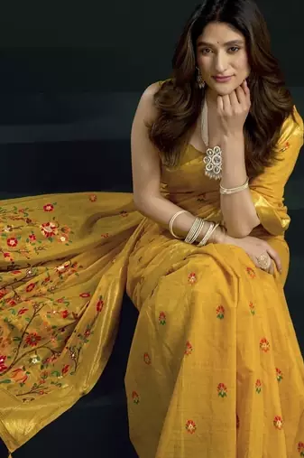 Yellow munga cotton mina work sarees