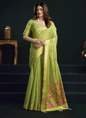 Parrot green munga cotton mina work sarees 1