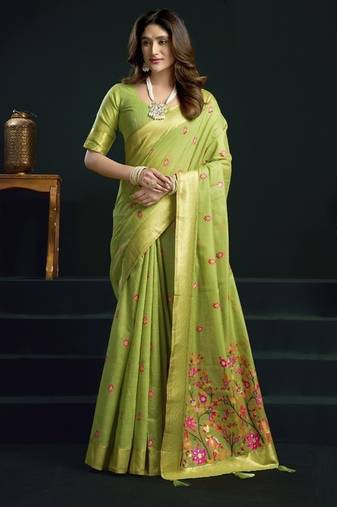 Parrot green munga cotton mina work sarees