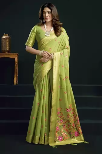 Parrot green munga cotton mina work sarees