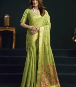 Parrot green munga cotton mina work sarees