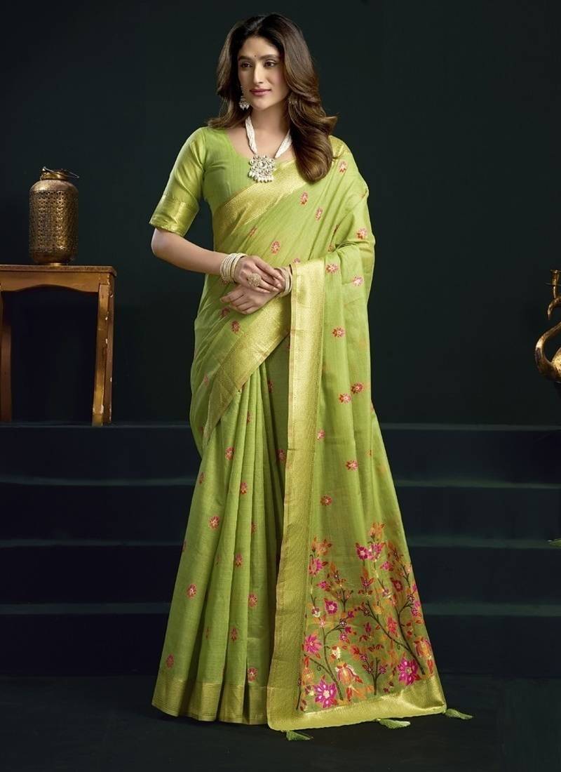 Parrot green munga cotton mina work sarees