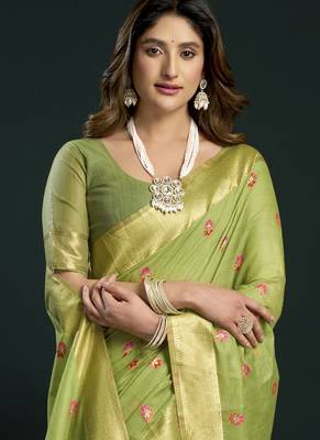 Parrot green munga cotton mina work sarees 2