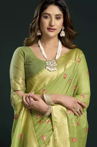 Parrot green munga cotton mina work sarees