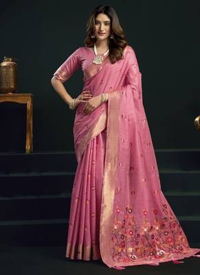 Baby pink munga cotton mina work sarees 1