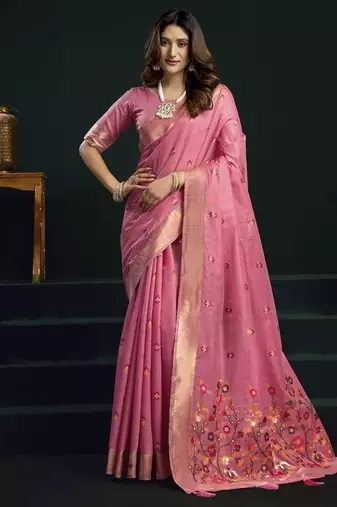 Baby pink munga cotton mina work sarees