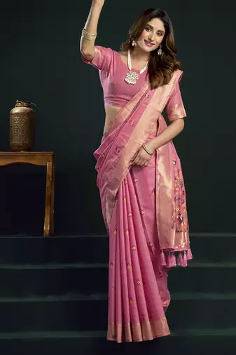 Baby pink munga cotton mina work sarees