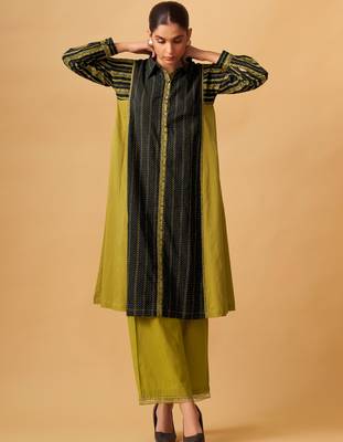 Elegant mustard & olive printed cambric cotton kurta set with modern silhouette 1
