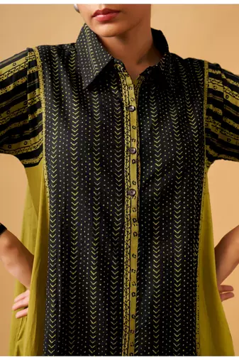 Elegant mustard & olive printed cambric cotton kurta set with modern silhouette