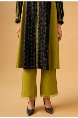 Elegant mustard & olive printed cambric cotton kurta set with modern silhouette 4