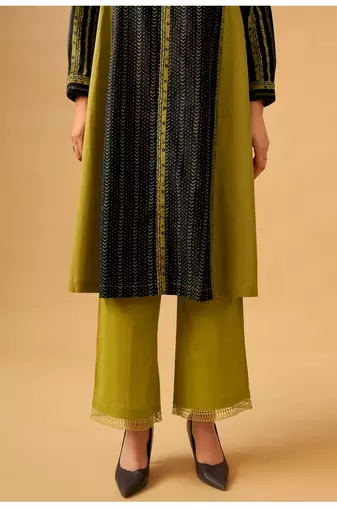 Elegant mustard & olive printed cambric cotton kurta set with modern silhouette