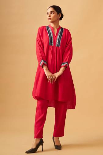 Bold red rayon slub contemporary kurta set