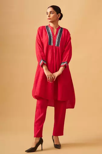 Bold red rayon slub contemporary kurta set