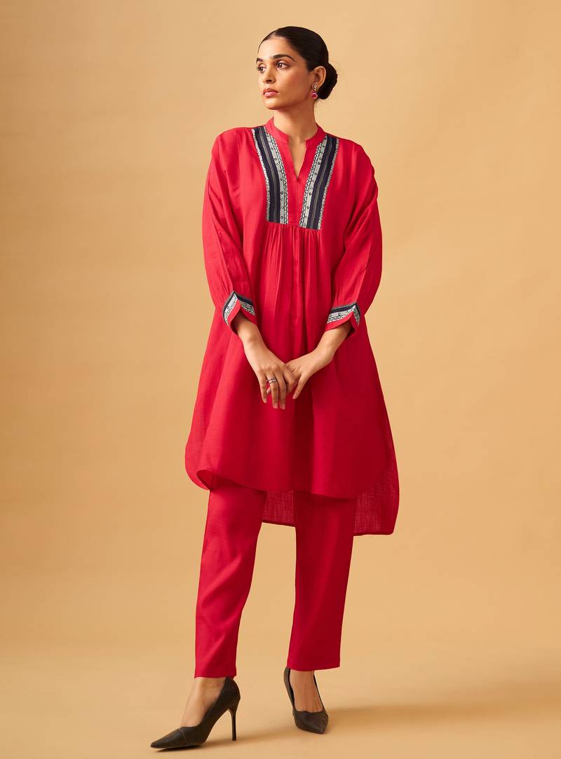 Bold red rayon slub contemporary kurta set