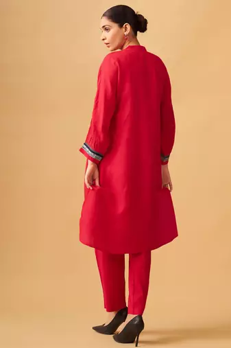 Bold red rayon slub contemporary kurta set