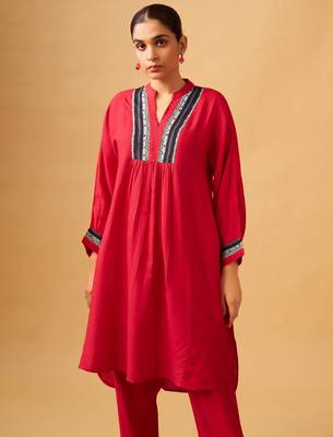 Bold red rayon slub contemporary kurta set 3