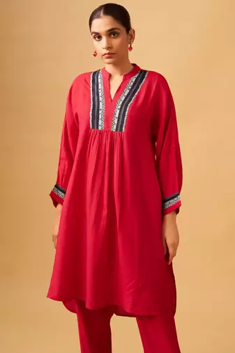 Bold red rayon slub contemporary kurta set