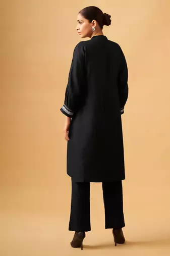 Classic black rayon slub straight kurta set